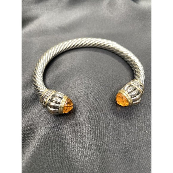 Mogul Style Gripoix Silver Tone Twisted Cable Cuff Bracelet With Amber Cabochon - Picture 5 of 11